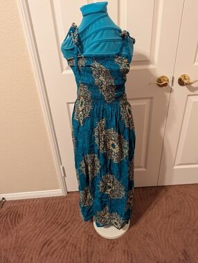 Teal Floral Print Smocked Maxi Dress